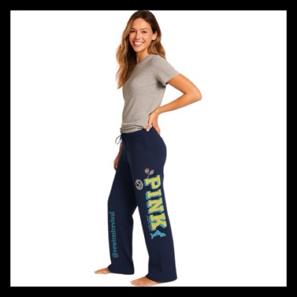 Vintage VS PINK 2007 Navy Flare Sweatpants | Rare Tennis Club Patch Logo Y2K